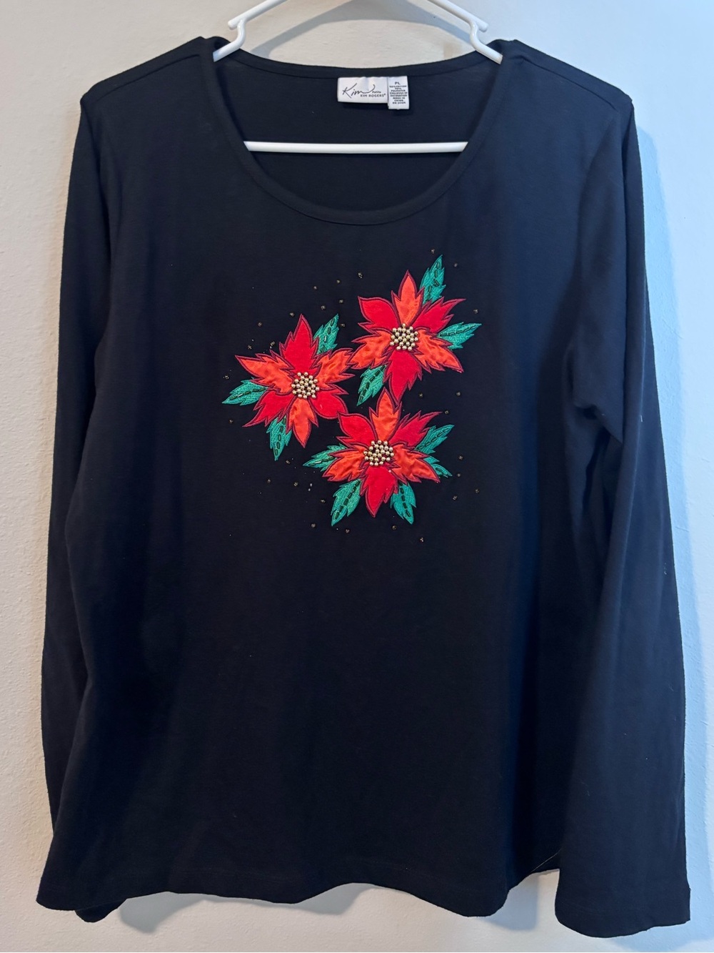 KIM KIM ROGERS Black Long Sleeve Tee with Red  Sateen Poinsettia Embroidery